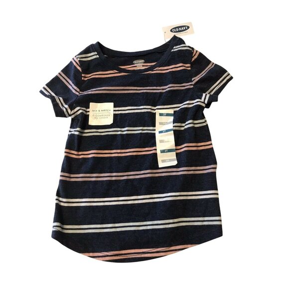 Old Navy Toddler Girls Size 2T T-Shirt Short Sleeve Striped Blue Pink New - Picture 1 of 6